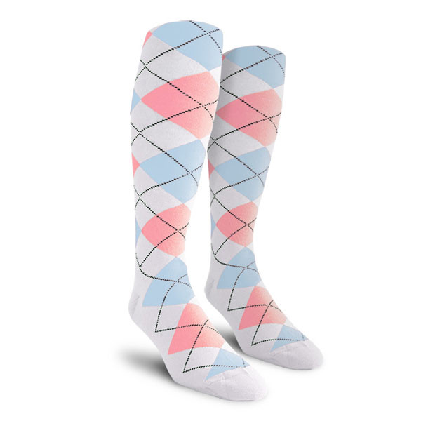 Mens Over the Calf Argyle Socks White, Pink and Light Blue