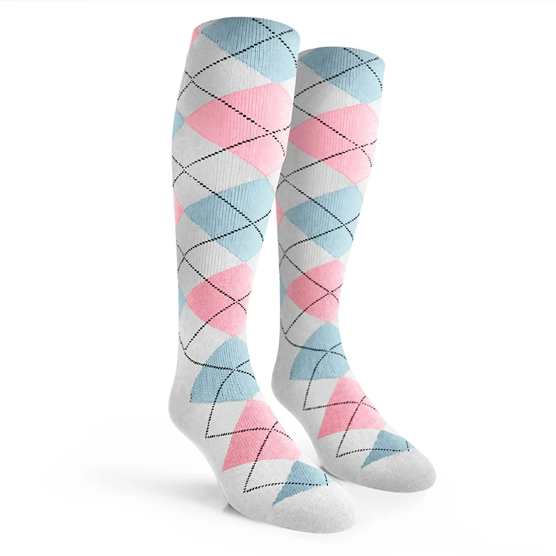 Argyle Socks - Mens Over-the-Calf - TT: White/Pink/Light Blue