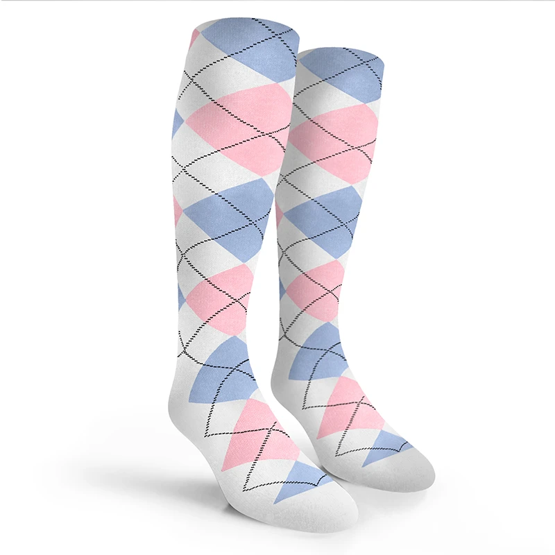 Argyle Socks - Mens Over-the-Calf - TT: White/Pink/Light Blue