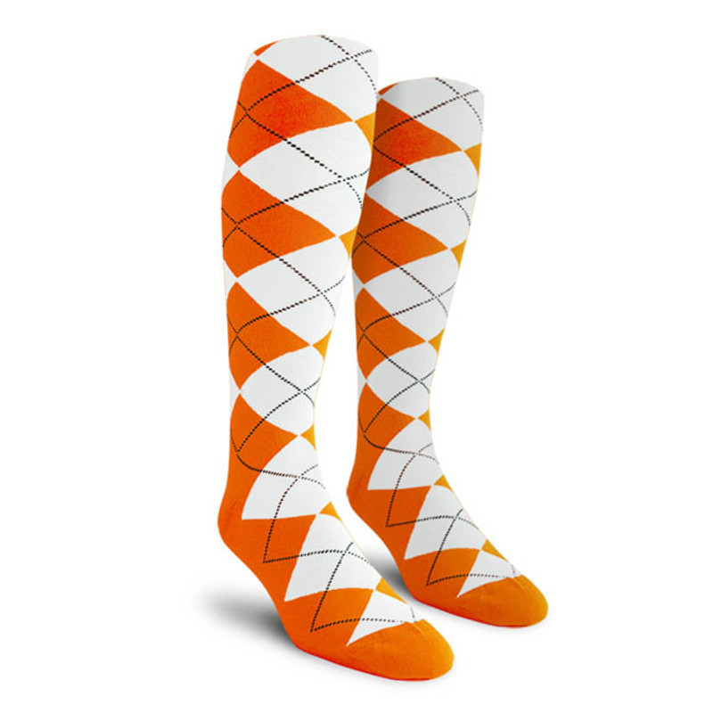 Mens Over the Calf Argyle Socks Orange and White