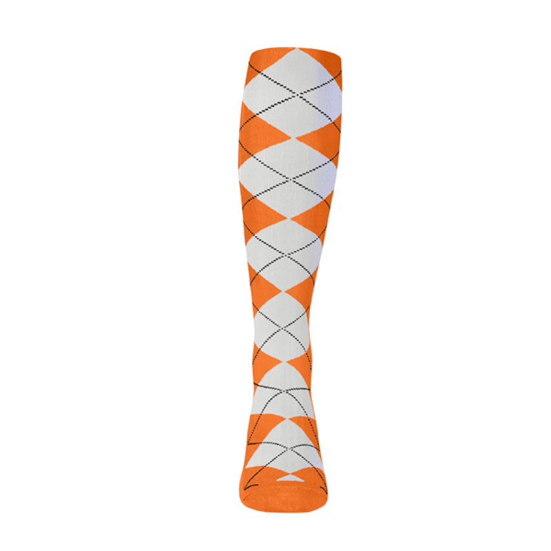Mens Over the Calf Argyle Sock Orange and White 360 View