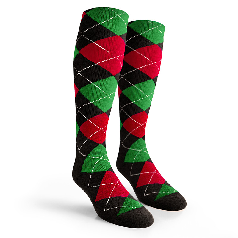 Argyle Socks - Mens Over-the-Calf - G: Black/Red/Lime