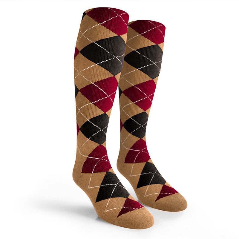Argyle Socks - Mens Over-the-Calf - HHH: Khaki/Black/Maroon
