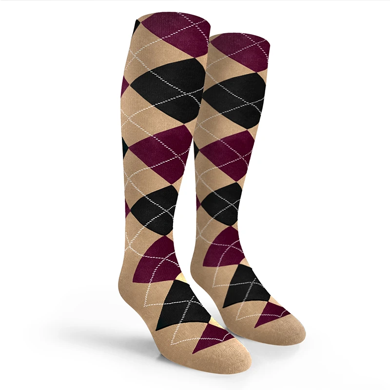 Argyle Socks - Mens Over-the-Calf - HHH: Khaki/Black/Maroon