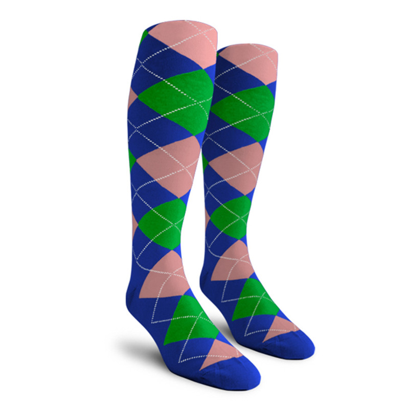 Ladies Over the Calf Argyle Socks Royal Blue, Lime and Pink