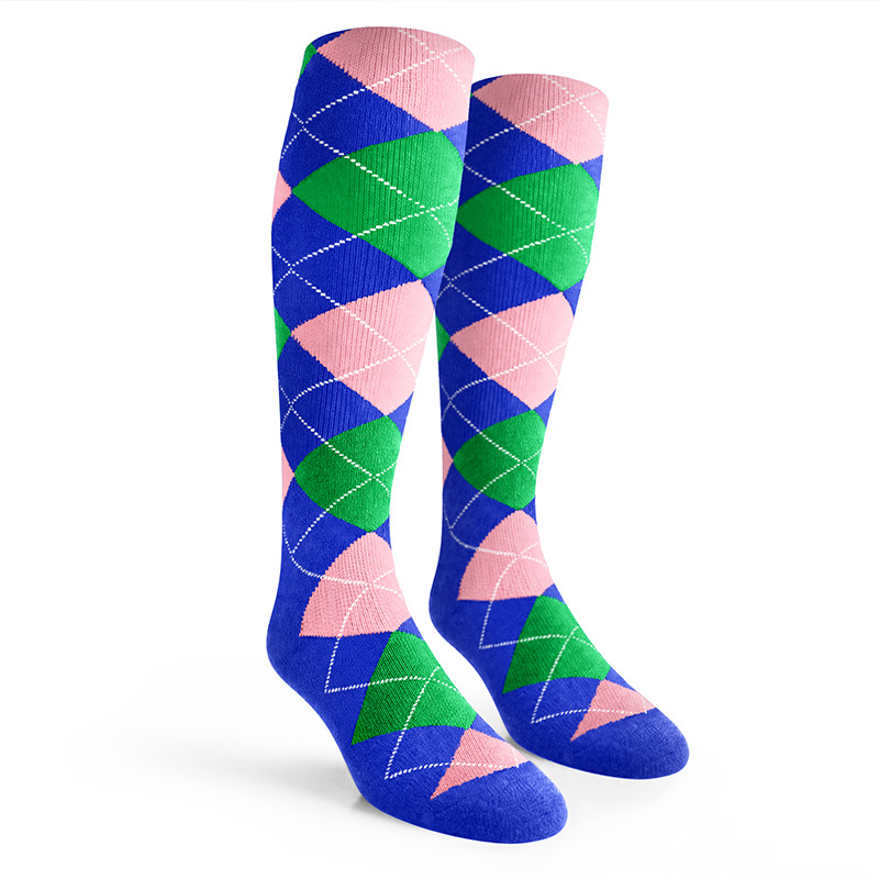 Argyle Socks - Ladies Over-the-Calf - 5M: Royal/Lime/Pink