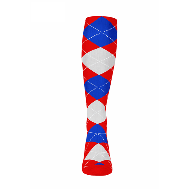 Ladies Over the Calf Argyle Sock Red, White and Royal Blue 360 View