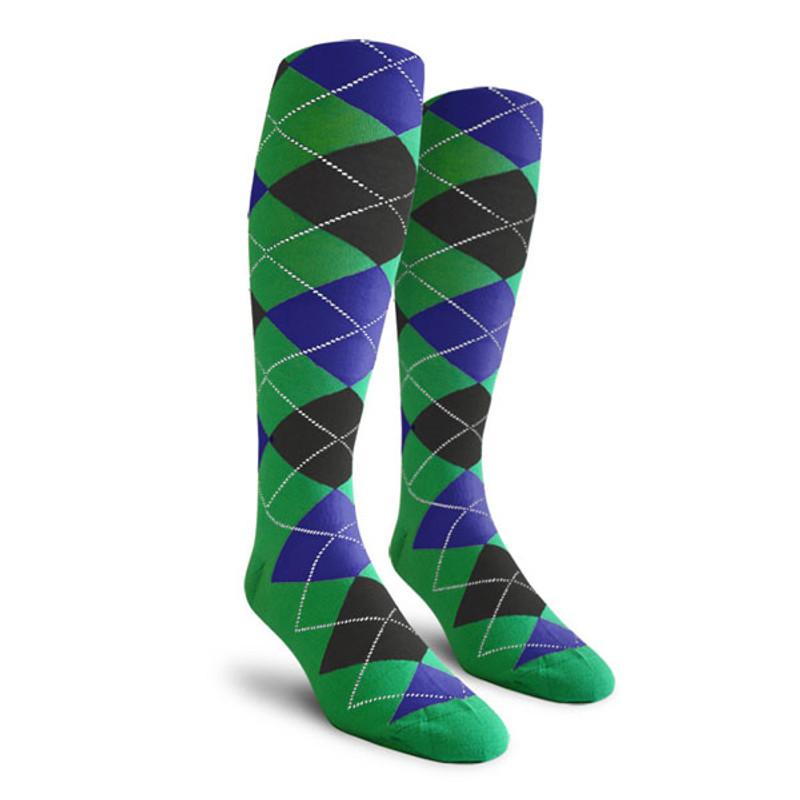 Mens Over the Calf Argyle Socks Lime, Black and Royal Blue