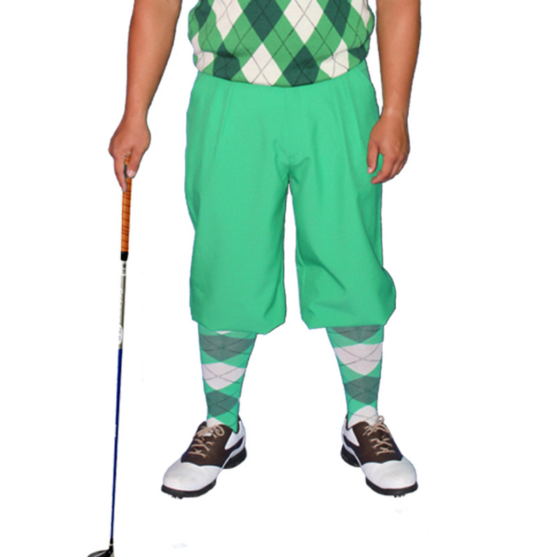 Mens Outdoor Sports Lime Green Microfiber Golf Knickers with Lime Green, Dark Green and White Argyle Socks