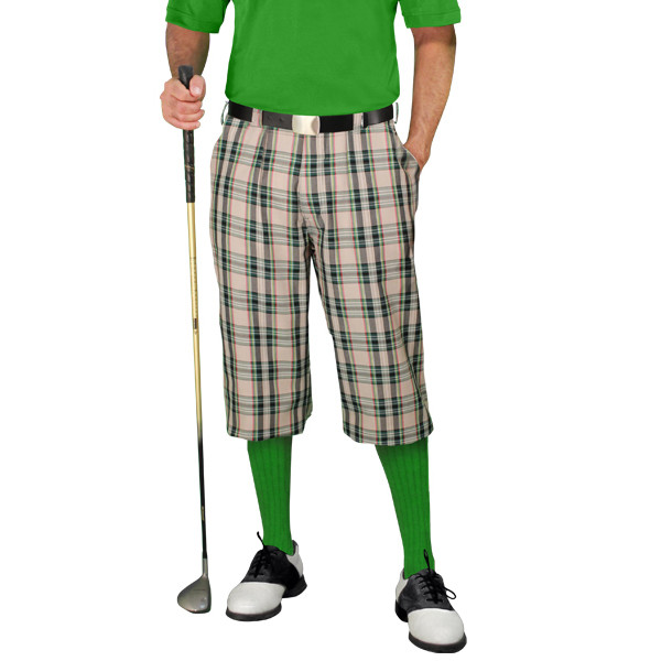 Golf Outfit - Mens Khaki Stewart Plaid Golf Knickers & Lime Shirt