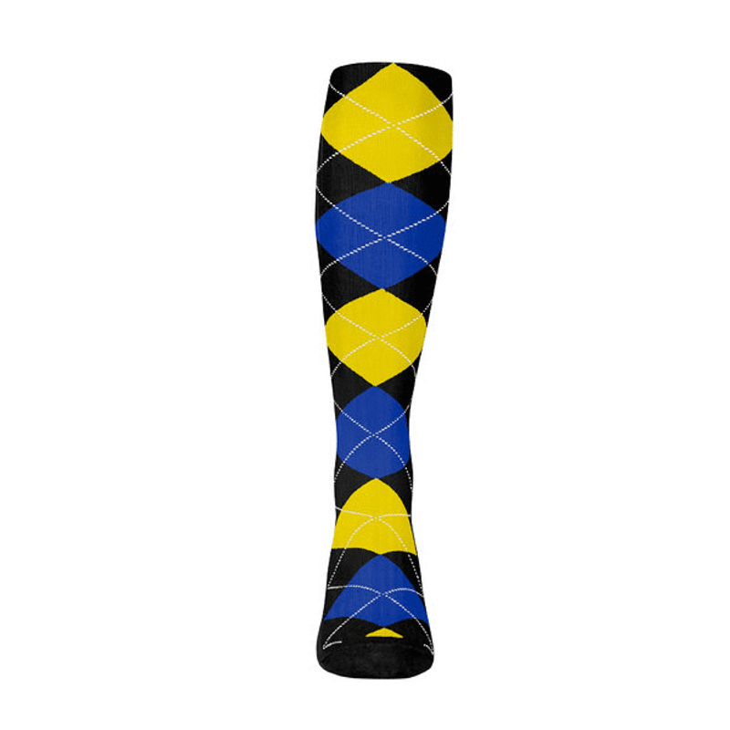 Ladies Over the Calf Argyle Sock Black, Royal Blue and Yellow 360 View