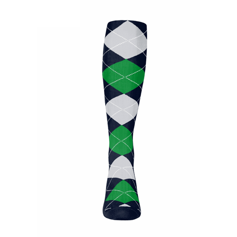 Ladies Over the Calf Argyle Sock Navy, Lime Green and White 360 View