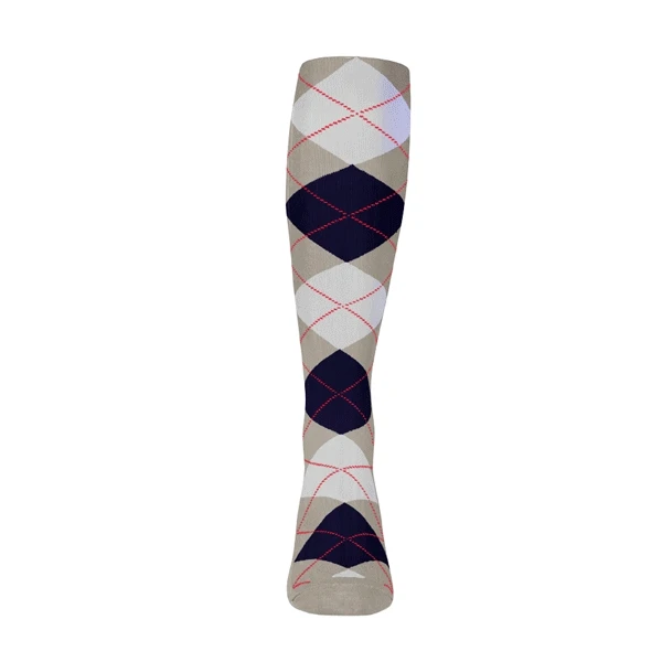 Youth Over the Calf Argyle Sock Taupe, Navy and White 360 View
