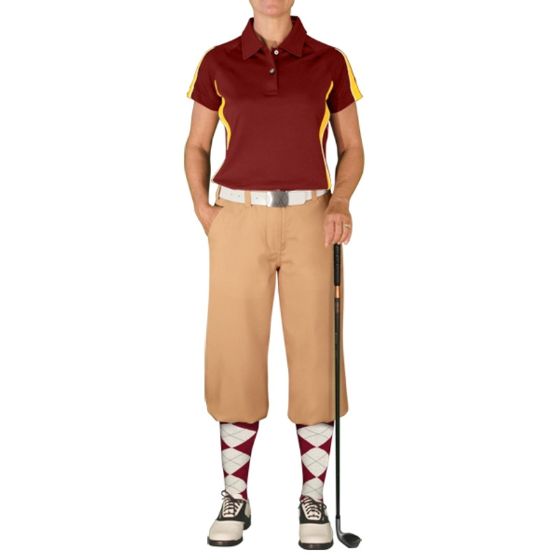 Ladies Sports Microfiber Duel Tone Eagle Maroon and Yellow Shirt with Khaki Golf Knickers and Maroon and White Argyle Socks