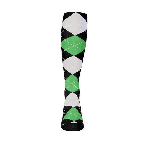 Ladies Over the Calf Argyle Sock Black, Lime Green and White 360 View