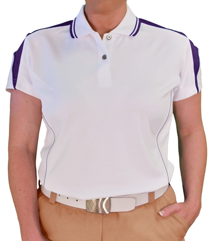 Ladies Sports Microfiber Duel Tone Wedge White and Purple Shirt Front