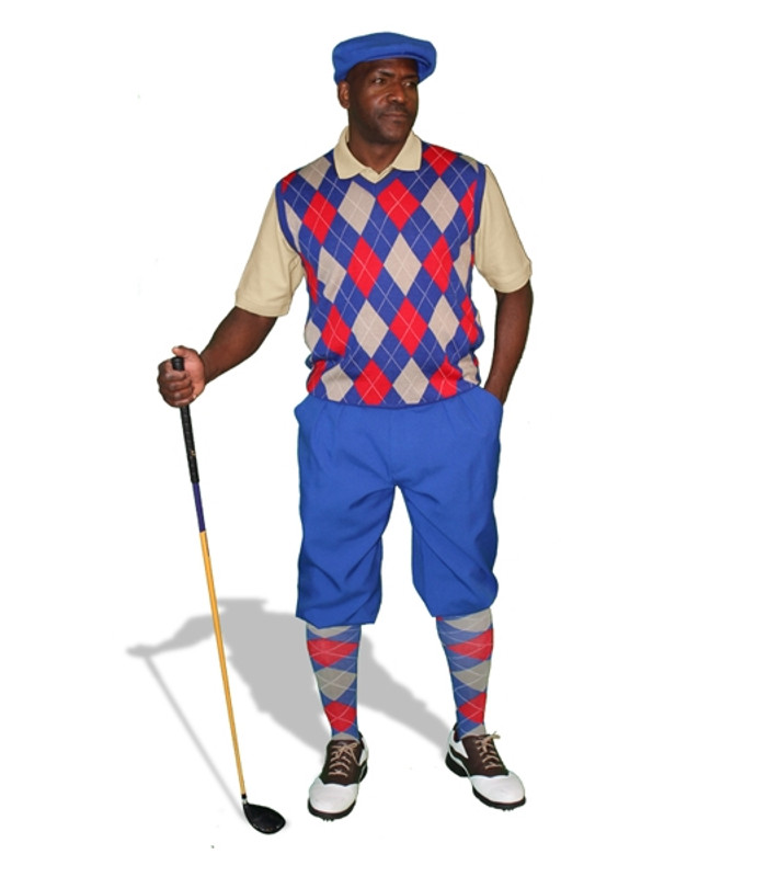Mens Royal, Red & Taupe Sweater Golf Outfit