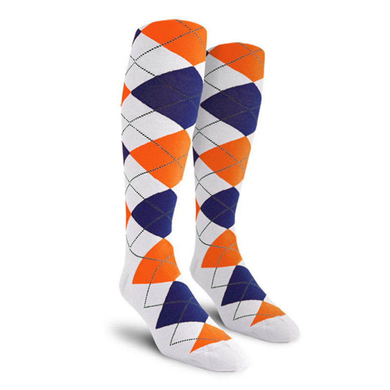 Mens Over the Calf Argyle Socks White, Royal Blue and Orange
