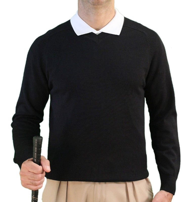 Mens Long Sleeve Sweater Solid Black with White Shirt