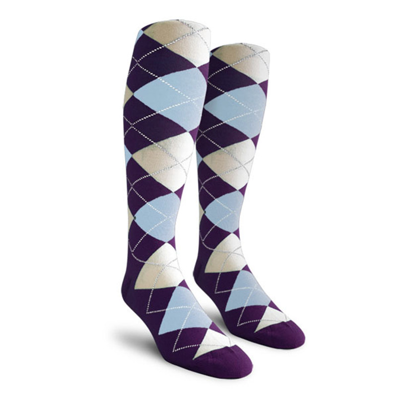 Youth Over the Calf Argyle Socks Purple, Light Blue and White