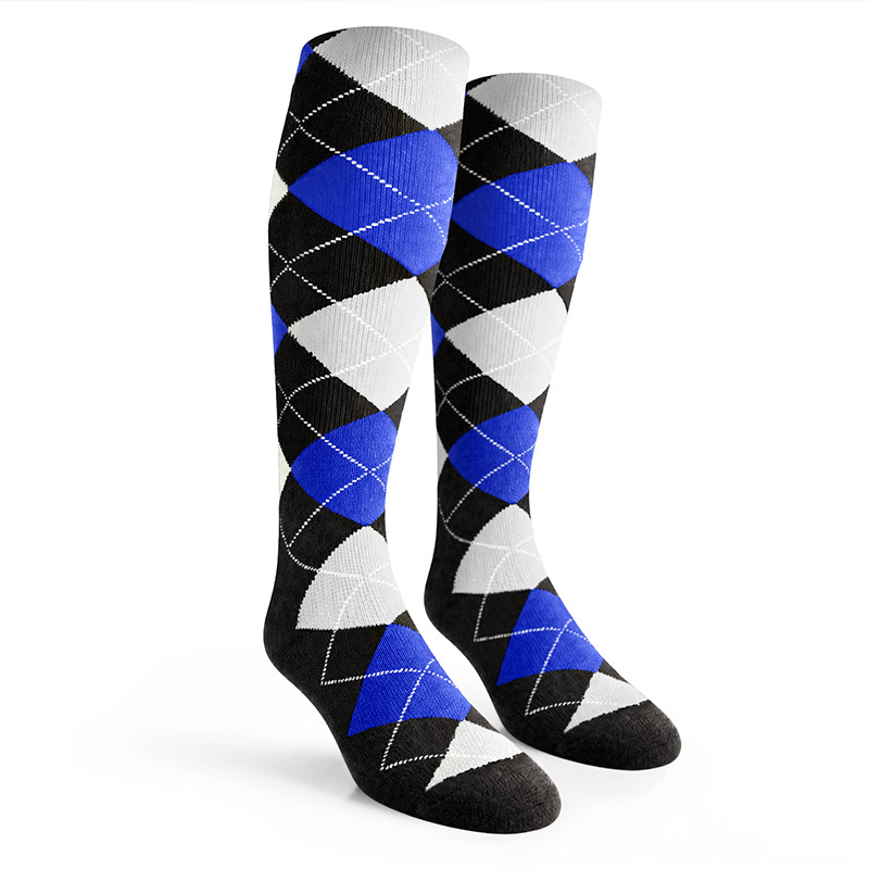 Ladies Over the Calf Argyle Socks Black, Royal and White