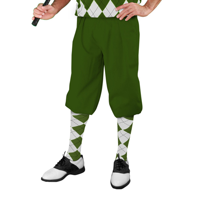 Mens Olive Green Microfiber Golf Knickers with Olive Green and White Argyle Socks