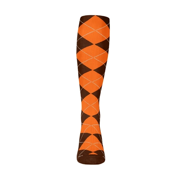 Youth Over the Calf Argyle Sock Brown and Orange 360 View