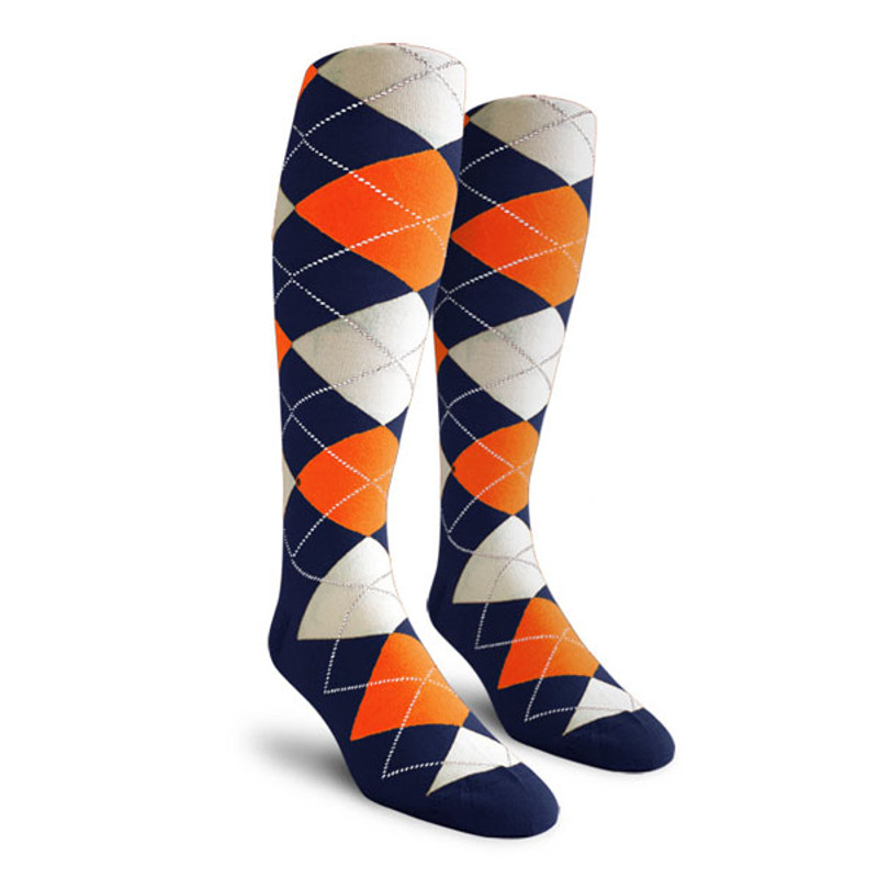 Mens Over the Calf Argyle Socks Navy, Orange and White