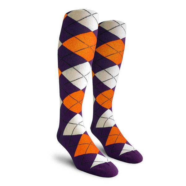 Mens Over the Calf Argyle Socks Purple, Orange and White