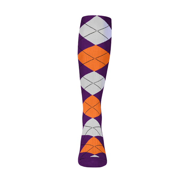Mens Over the Calf Argyle Sock Purple, Orange and White 360 View