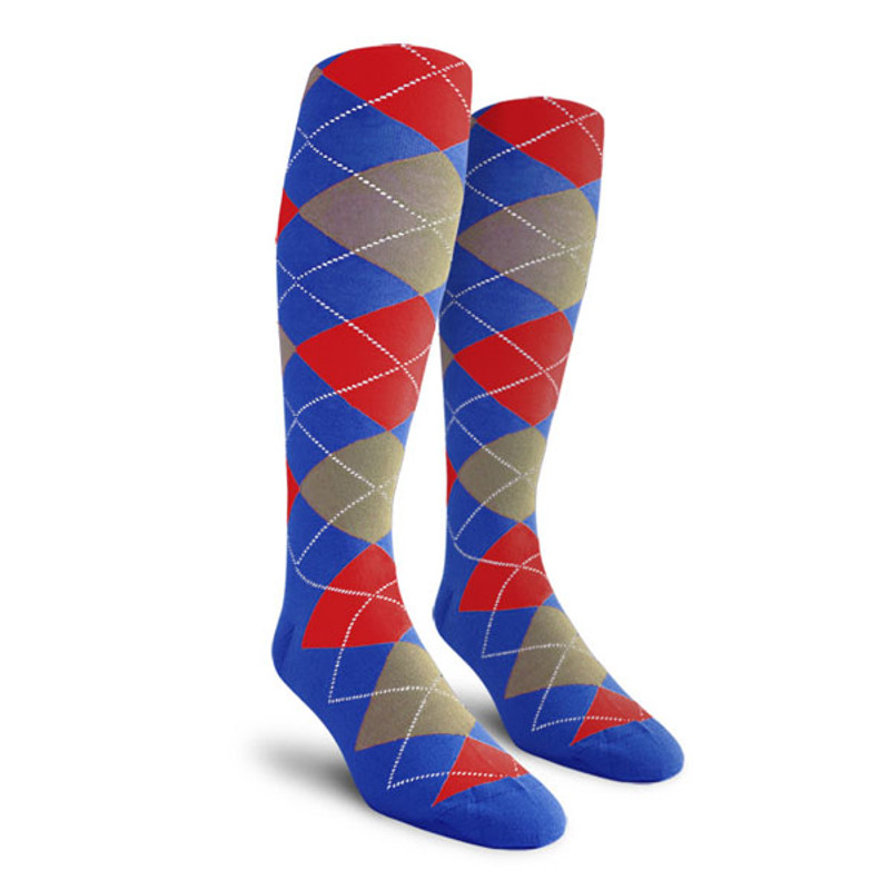 Mens Over the Calf Argyle Socks Royal Blue, Taupe and Red