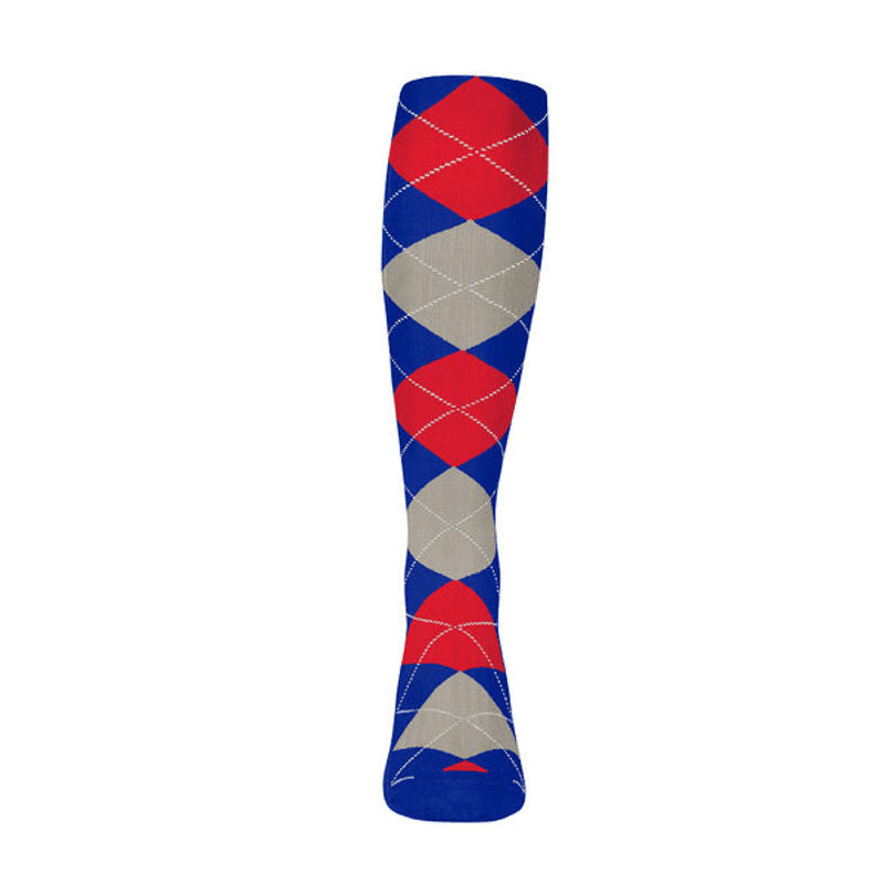Mens Over the Calf Argyle Sock Royal Blue, Taupe and Red 360 View