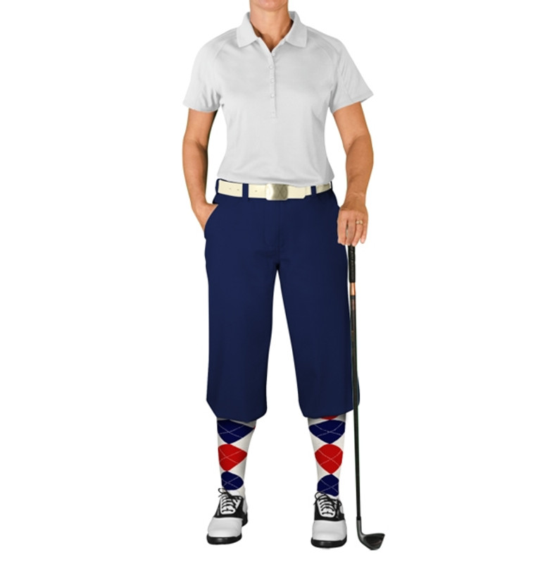 Ladies Sport Hybrid Microfiber Solid White Golf Shirt with Black Golf Knickers and Black and White Argyle Socks