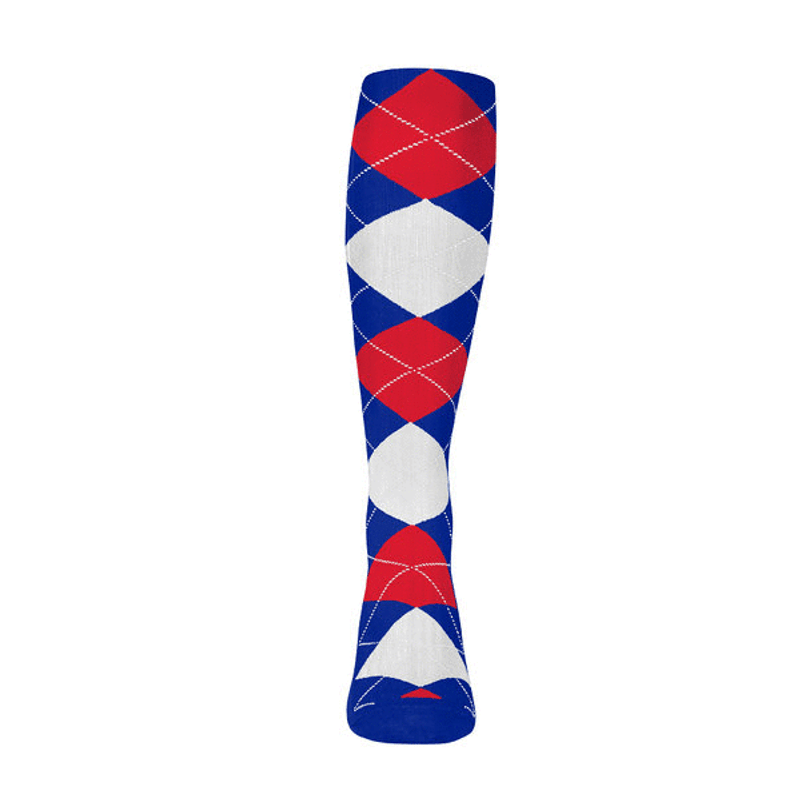 Mens Over the Calf Argyle Sock Royal Blue, Red and White 360 View