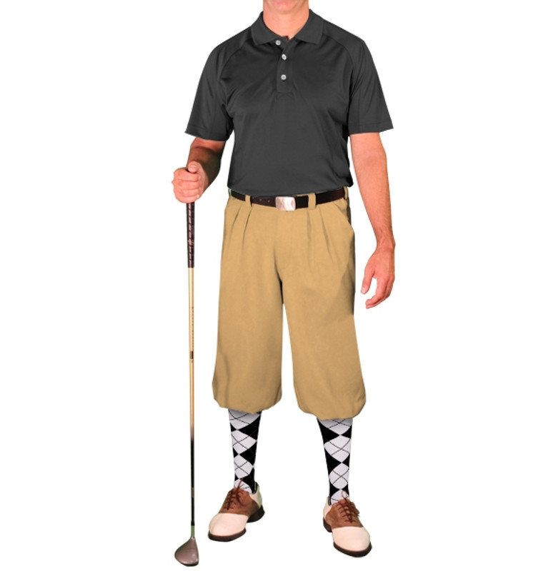 Mens Sport Hybrid Microfiber Solid Black Golf Shirt with Khaki Golf Knickers and Black and White Argyle Socks