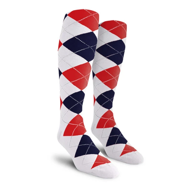 Mens Over the Calf Argyle Socks White, Navy and Red