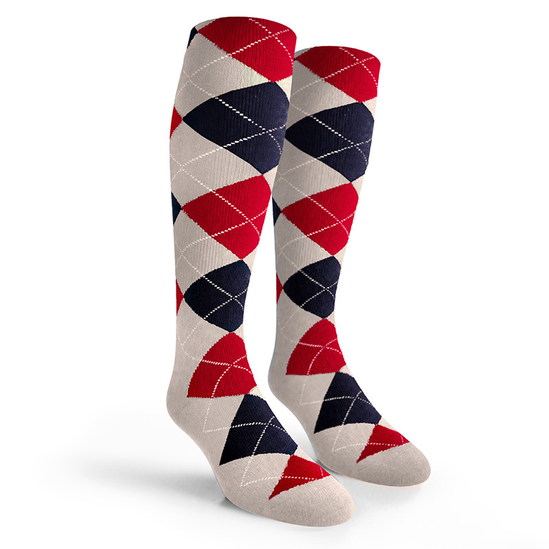 Argyle Socks - Mens Over-the-Calf - E: White/Navy/Red