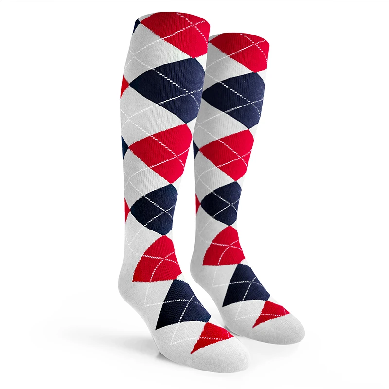 Argyle Socks - Mens Over-the-Calf - E: White/Navy/Red