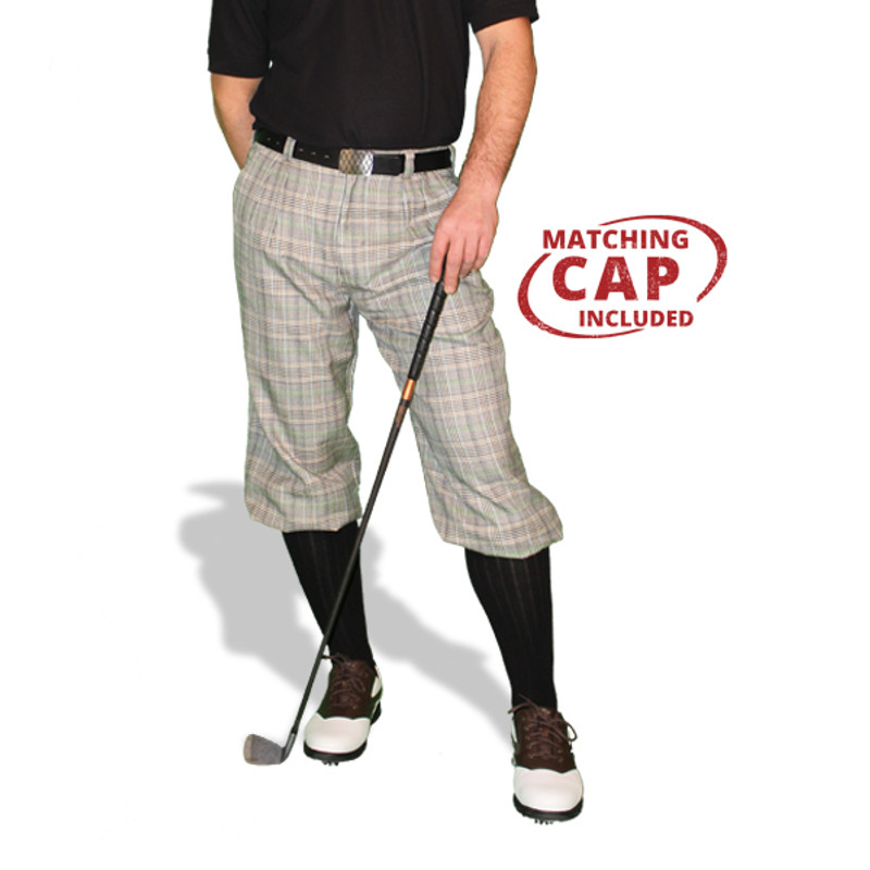 Mens Outdoor Sports Wool Savannah Plaid Golf Knickers Front with Black Socks and Shirt