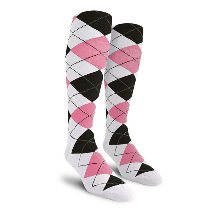 Mens Over the Calf Argyle Socks White, Pink and Black