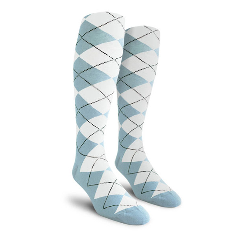 Mens Over the Calf Argyle Socks Light Blue and White