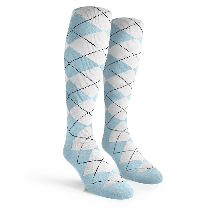 Argyle Socks - Mens Over-the-Calf - EE: Light Blue/White