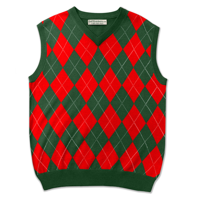 Argyle Golf Sweater Vest Dark Green/Red Mens