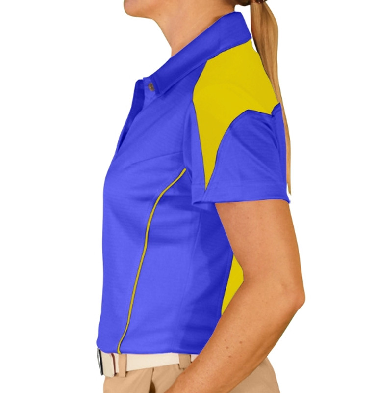 Ladies Sports Microfiber Duel Tone Caddie Royal Blue and Yellow Shirt Side