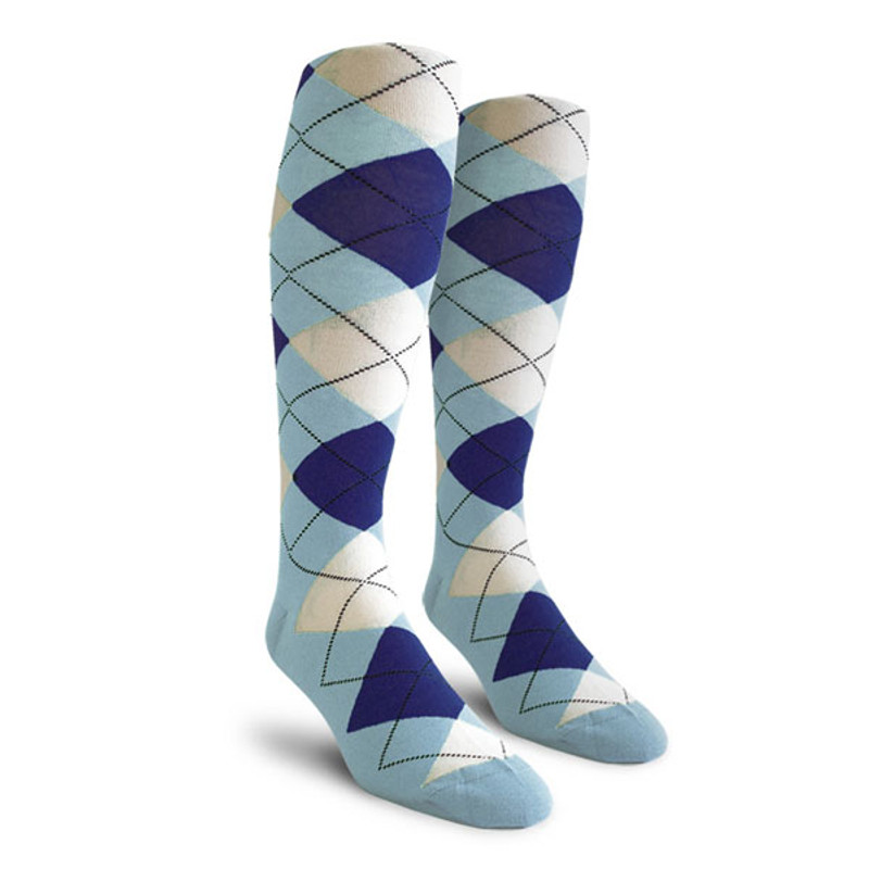 Mens Over the Calf Argyle Socks Light Blue, Royal and White