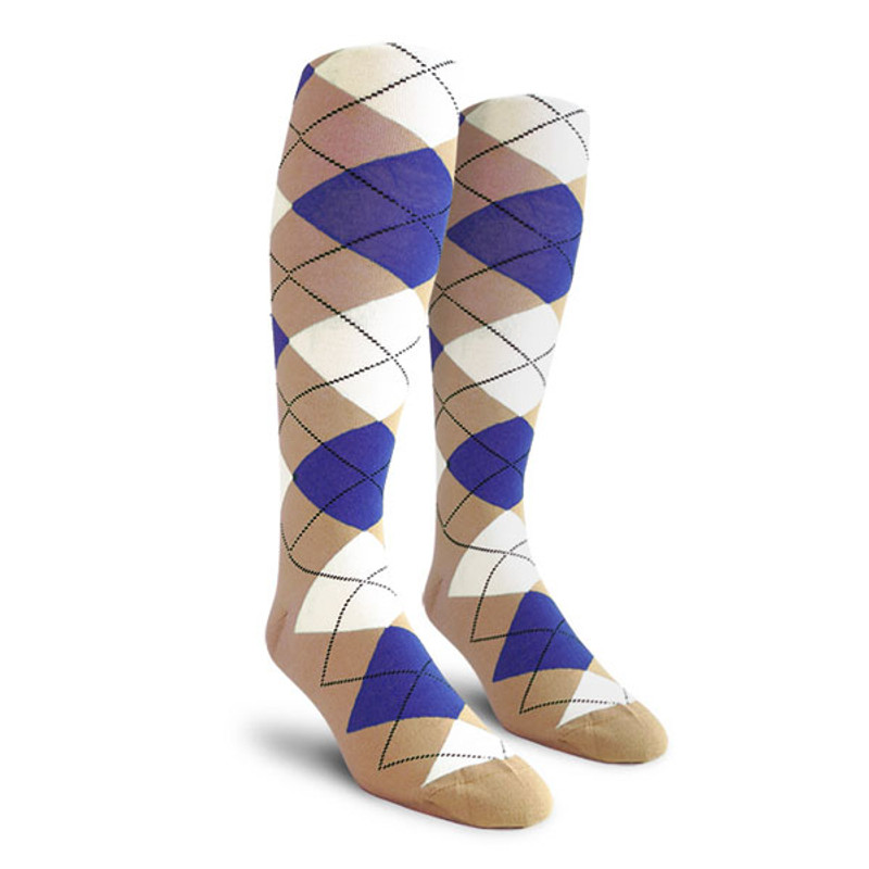 Mens Over the Calf Argyle Socks Khaki, Royal Blue and White