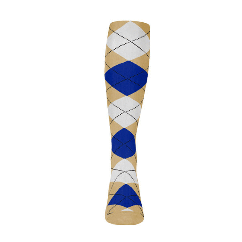 Mens Over the Calf Argyle Sock Khaki, Royal Blue and White 360 View