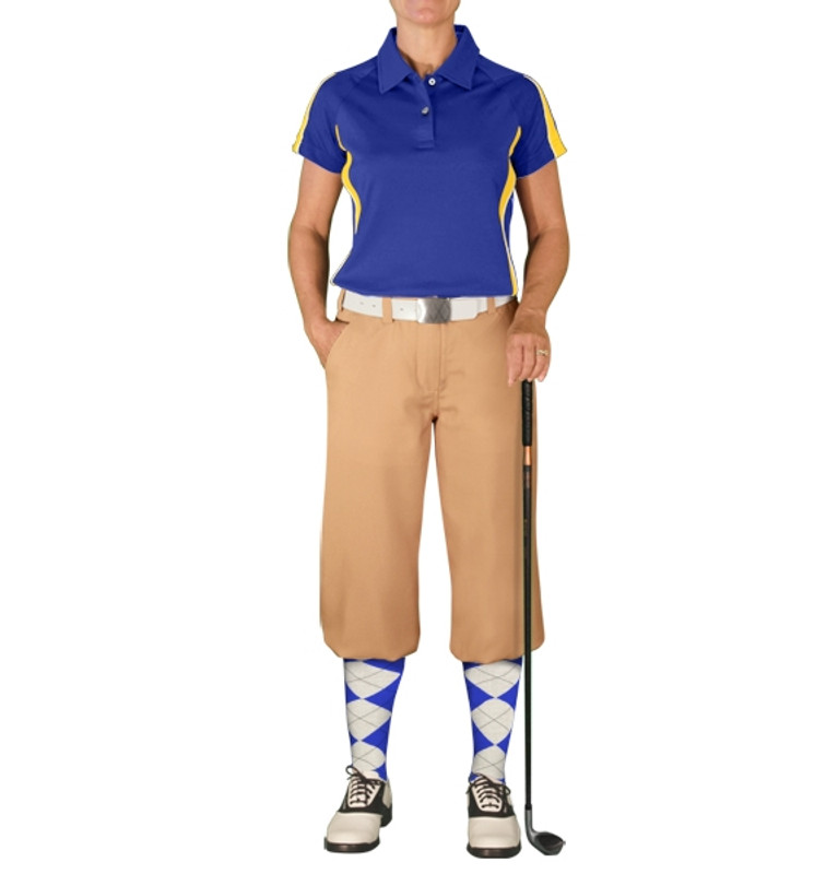 Ladies Sports Microfiber Duel Tone Eagle Royal Blue and Yellow Shirt with Khaki Golf Knickers and Royal Blue and Yellow Argyle Socks