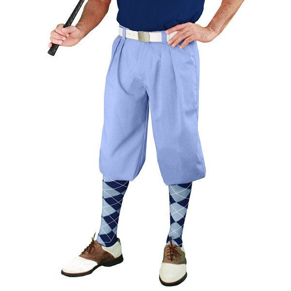 Mens Outdoor Sports Light Blue Microfiber Golf Knickers with Navy Blue and Light Blue Argyle Socks