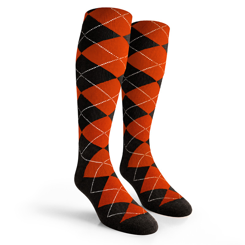 Argyle Socks - Mens Over-the-Calf - YY: Black/Orange